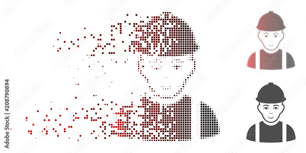 Poster vector worker icon in fractured, pixelated halftone with red to black horizontal gradient and undama