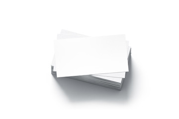 Blank white business cards stack mock up, 3d rendering. Namecard design mockup. Visiting clear papers top view. Calling papersheet template for company name, phone number, email address.