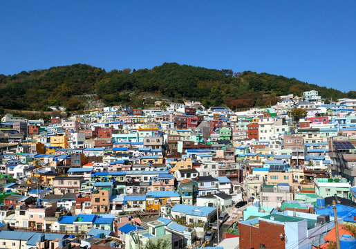 Gamcheon cultural village on the mountain in Busan, South Korea. The area is known for its brightly painted houses.
