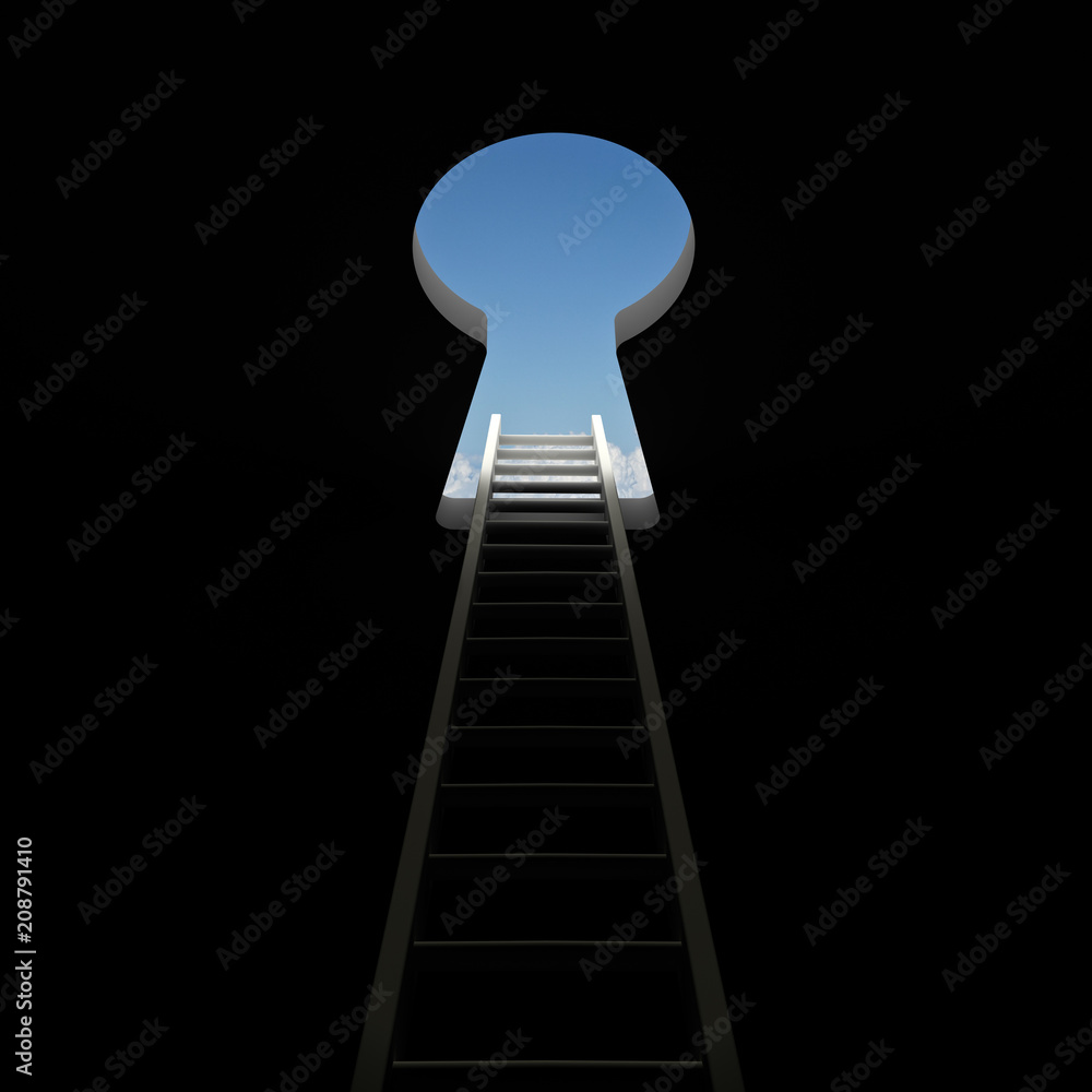 Poster ladder and keyhole to the bright light sky solution concept . 3d rendering.
