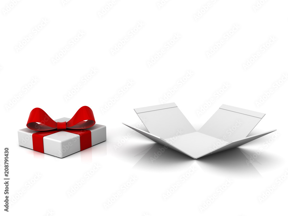Poster Open gift box , present box with red ribbon and bow isolated on white background with shadow and reflection . 3D rendering.