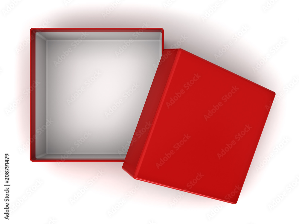 Poster Blank open red cardboard box with cover lid isolated on white background with shadow . 3D rendering.