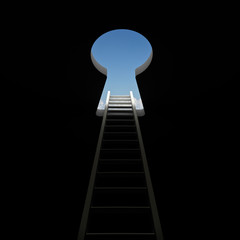 Ladder and keyhole to the bright light sky solution concept . 3D rendering.