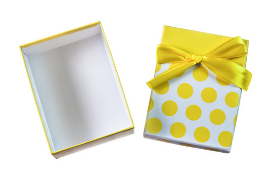 Opened yellow handmade present box isolated on white