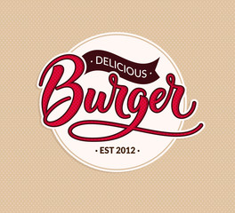 Burger round logo vector vintage label. Old style script writing. Calligraphy lettering vintage design for sign, menu, advertising. Red delicious burger text. EPS 10.