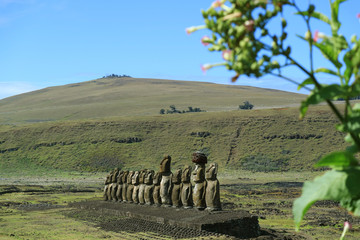 Ahu Tongariki with Poike volcano on background, Easter Island or Rapa Nui or Isla de Pascua of...