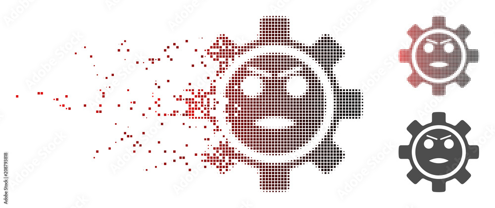 Poster vector gear angry smiley icon in fractured, dotted halftone with red to black horizontal gradient an