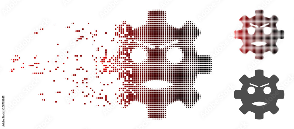 Poster vector gear angry smiley icon in sparkle, dotted halftone with red to black horizontal gradient and 