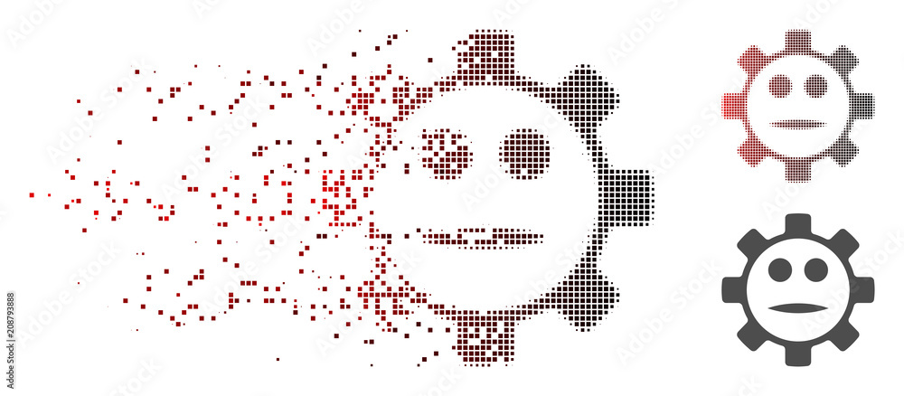 Poster vector gear face neutral smiley icon in fractured, pixelated halftone with red to black horizontal g