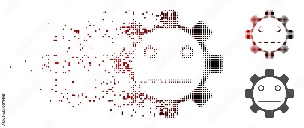 Poster vector gear neutral smiley icon in sparkle, dotted halftone with red to black horizontal gradient an
