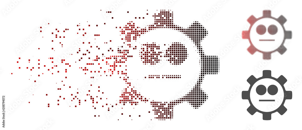 Poster vector gear neutral smiley icon in dissolved, dotted halftone with red to black horizontal gradient 