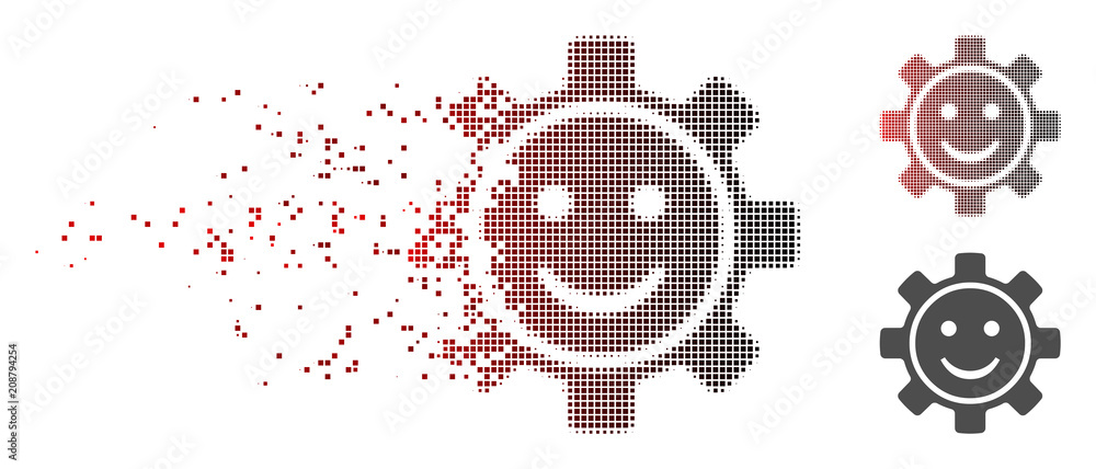 Poster vector gear smile icon in fractured, pixelated halftone with red to black horizontal gradient and un