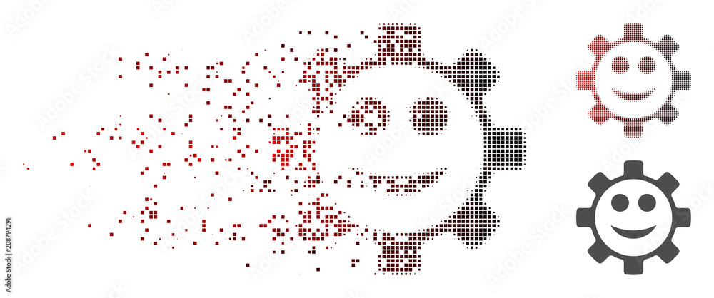 Poster vector gear smile smiley icon in dispersed, dotted halftone with red to black horizontal gradient an