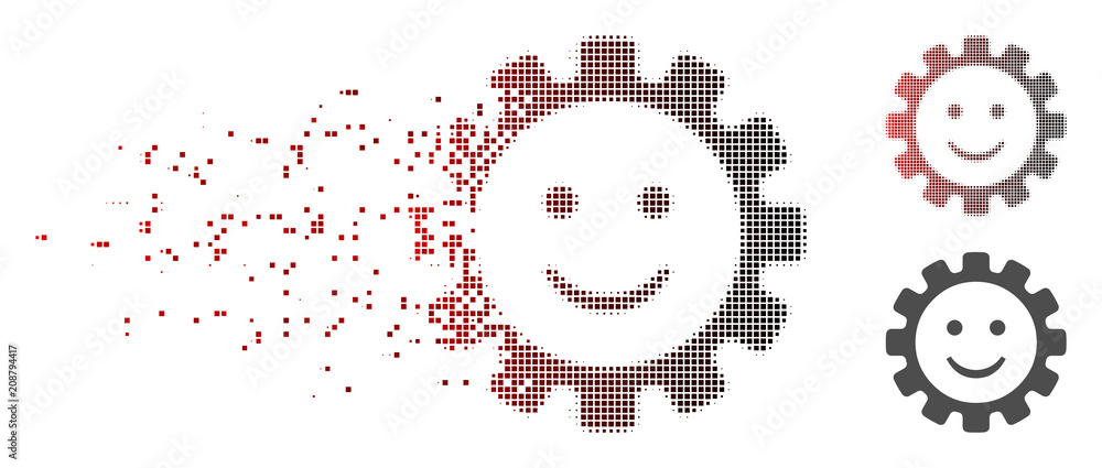 Poster vector gear smile smiley icon in dissolved, pixelated halftone with red to black horizontal gradient
