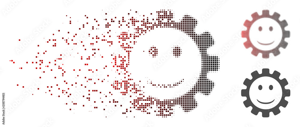 Poster vector gear smile smiley icon in fractured, pixelated halftone with red to black horizontal gradient