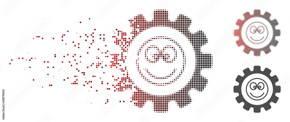 Poster vector gear smile smiley icon in dispersed, pixelated halftone with red to black horizontal gradient