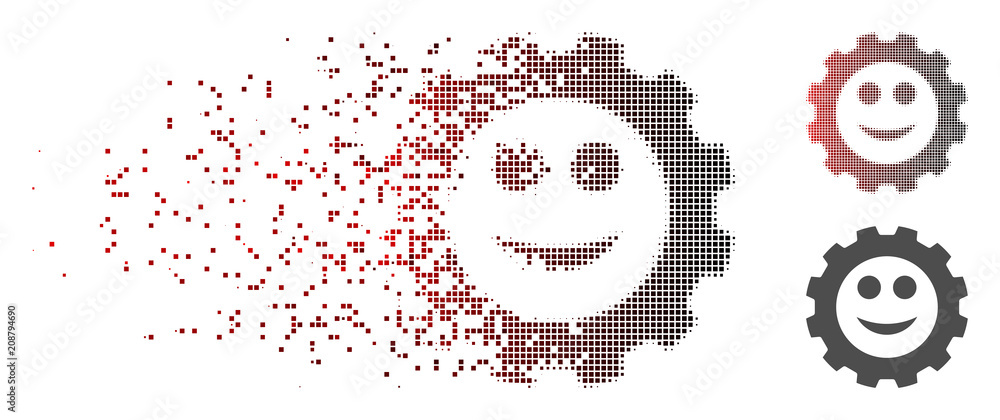 Poster vector gear smile smiley icon in dispersed, dotted halftone with red to black horizontal gradient an