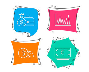 Set of Payment, Salary and Line graph icons. Euro currency sign. Usd coin, Diplomat with money bag, Market diagram. Eur banking.  Flat geometric colored tags. Vivid banners. Trendy graphic design