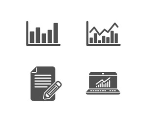 Set of Column chart, Infochart and Article icons. Online statistics sign. Financial graph, Stock exchange, Feedback. Computer data.  Quality design elements. Classic style. Vector