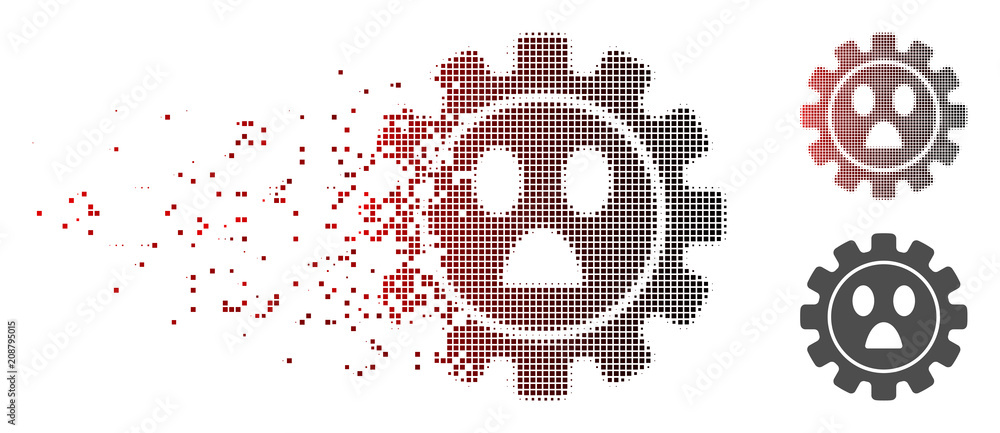 Poster vector gear wonder smiley icon in dissolved, pixelated halftone with red to black horizontal gradien