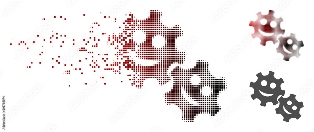 Poster vector happy gears icon in sparkle, dotted halftone with red to black horizontal gradient and undama