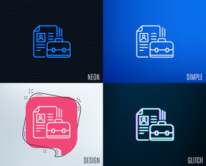 Glitch, Neon effect. Business case with CV line icon. Portfolio symbol. Vacancy or Hiring sign. Trendy flat geometric designs. Vector