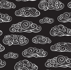 Outline intricate clouds seamless pattern on black. Vector background.