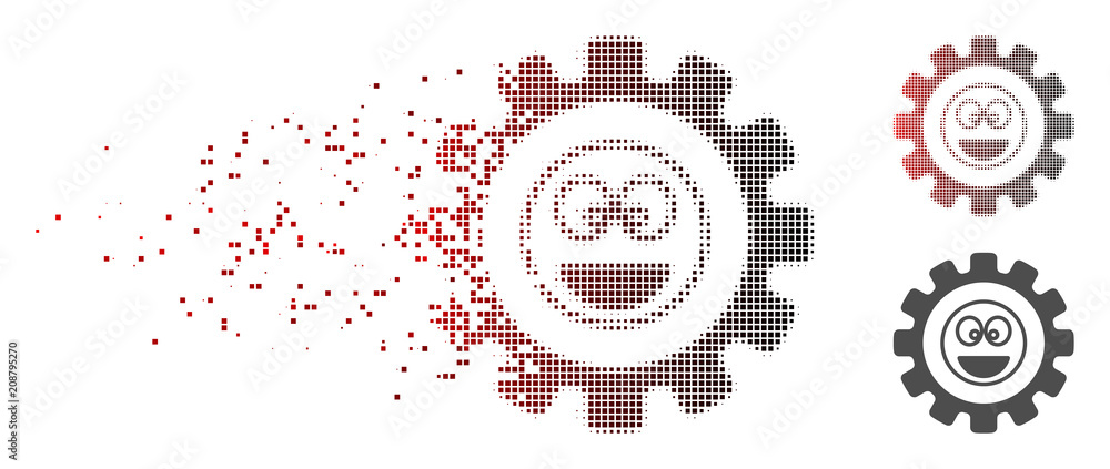 Poster vector options gear laugth smiley icon in dissolved, pixelated halftone with red to black horizontal