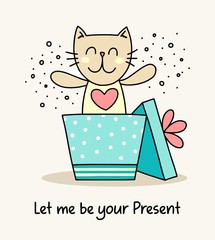 Cute kitty have jumped from the gift box like a present. Funny cartoon animal flat vector illustration greeting card