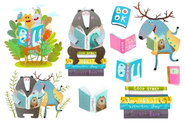 Poster Bosdieren Leuke bosdierenvrienden met boeken die studeren. Vector illustratie.