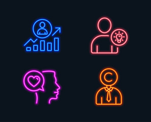 Neon lights. Set of Romantic talk, Ð¡areer ladder and User idea icons. Ð¡opyrighter sign. Love chat, Manager results, Light bulb. Writer person.  Glowing graphic designs. Vector