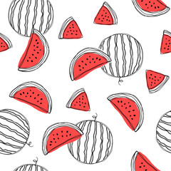 Watermelon slices seamless pattern. Hand draw vector illustration on isolated white background