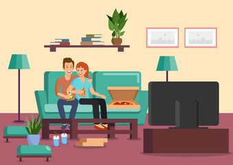 Cartoon couple eating pizza and drinking cocktails