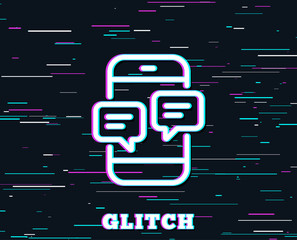 Glitch effect. Phone Message line icon. Mobile chat sign. Conversation or SMS symbol. Background with colored lines. Vector
