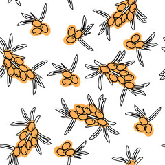 Sea buckthorn hand drawn seamless black and white pattern. Medicinal berry background. Good for cover, wallpaper, textile and wrapper.