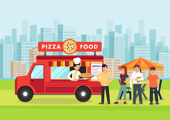 Fototapeta na wymiar Cartoon people stand in line near pizza vagon.
