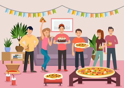 Cartoon group of cheerful people eating pizza
