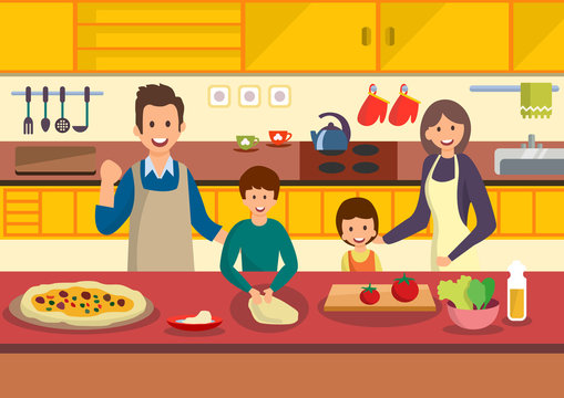 Happy cartoon family cooks pizza in kitchen.