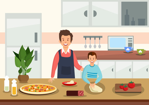 Cartoon father helps son to knead dough for pizza