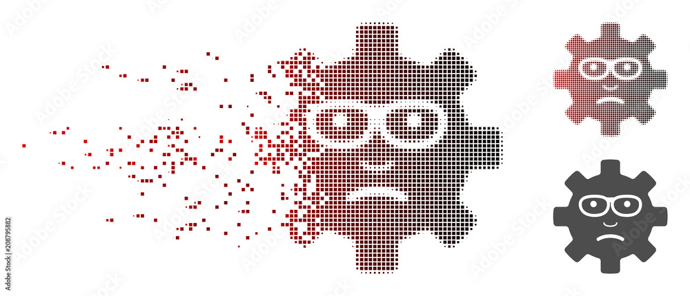 Poster vector service gear sad smile icon in fractured, dotted halftone with red to black horizontal gradie
