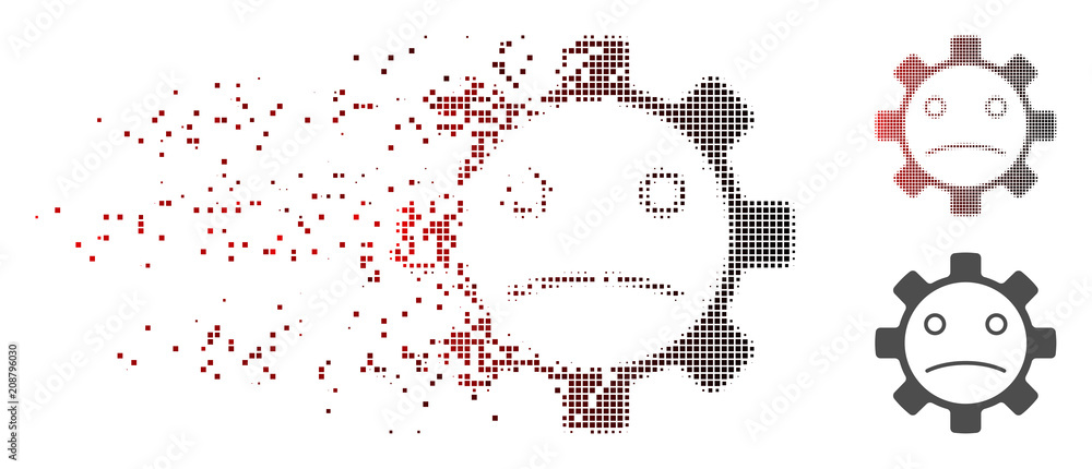 Poster vector service gear sad smiley icon in fractured, pixelated halftone with red to black horizontal gr