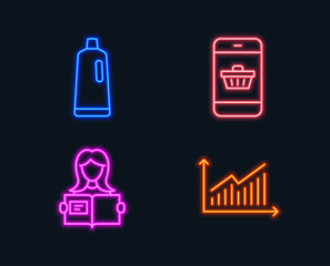 Neon lights. Set of Shampoo, Smartphone buying and Woman read icons. Graph sign. Bath cleanser, Website shopping, Girl studying. Presentation diagram.  Glowing graphic designs. Vector