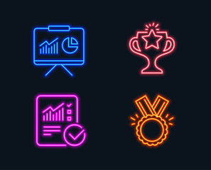 Neon lights. Set of Victory, Checked calculation and Presentation icons. Honor sign. Championship prize, Statistical data, Board with charts. Medal.  Glowing graphic designs. Vector