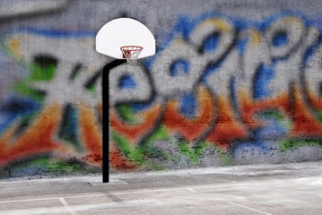 Urban basketball hoop inner city innercity wall and asphalt in outdoor park - obrazy, fototapety, plakaty