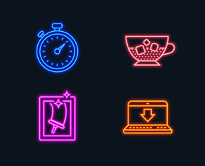 Neon lights. Set of Cold coffee, Timer and Window cleaning icons. Internet downloading sign. Ice cubes in beverage, Stopwatch gadget, Housekeeping service. Load data.  Glowing graphic designs. Vector
