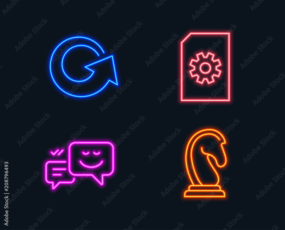 Poster neon lights. set of file management, reload and happy emotion icons. marketing strategy sign. doc wi