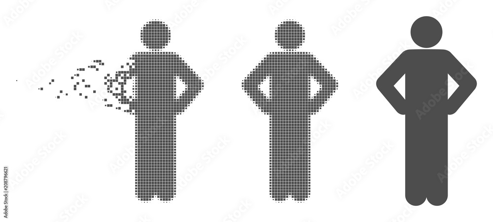 Poster grey vector akimbo pose icon in dissolved, pixelated halftone and undamaged solid versions. disappea