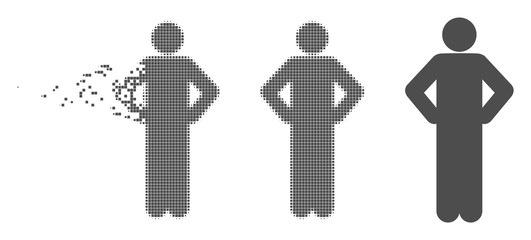 Grey vector akimbo pose icon in dissolved, pixelated halftone and undamaged solid versions. Disappearing effect involves square particles. Pixels are grouped into disappearing akimbo pose icon.