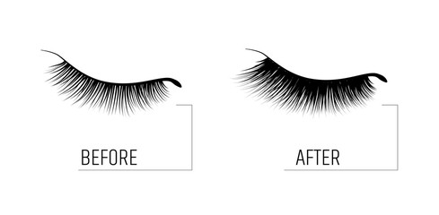 Eyelash extension. A beautiful make-up. Thick fuzzy cilia. Mascara for volume and length. Before and after the procedure. cosmetic for the growth of eyelashes
