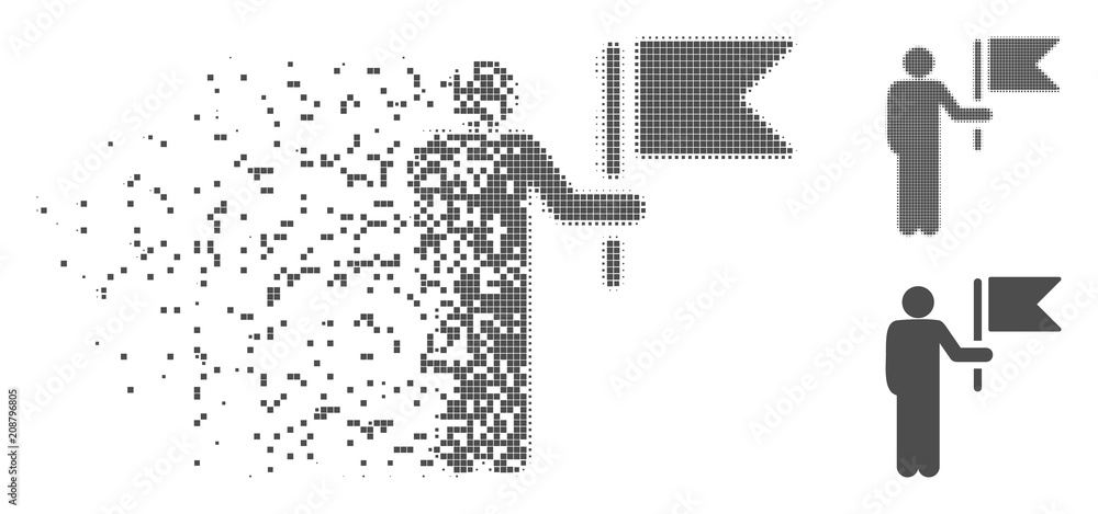 Poster gray vector commander with flag icon in dispersed, dotted halftone and undamaged solid variants. dis